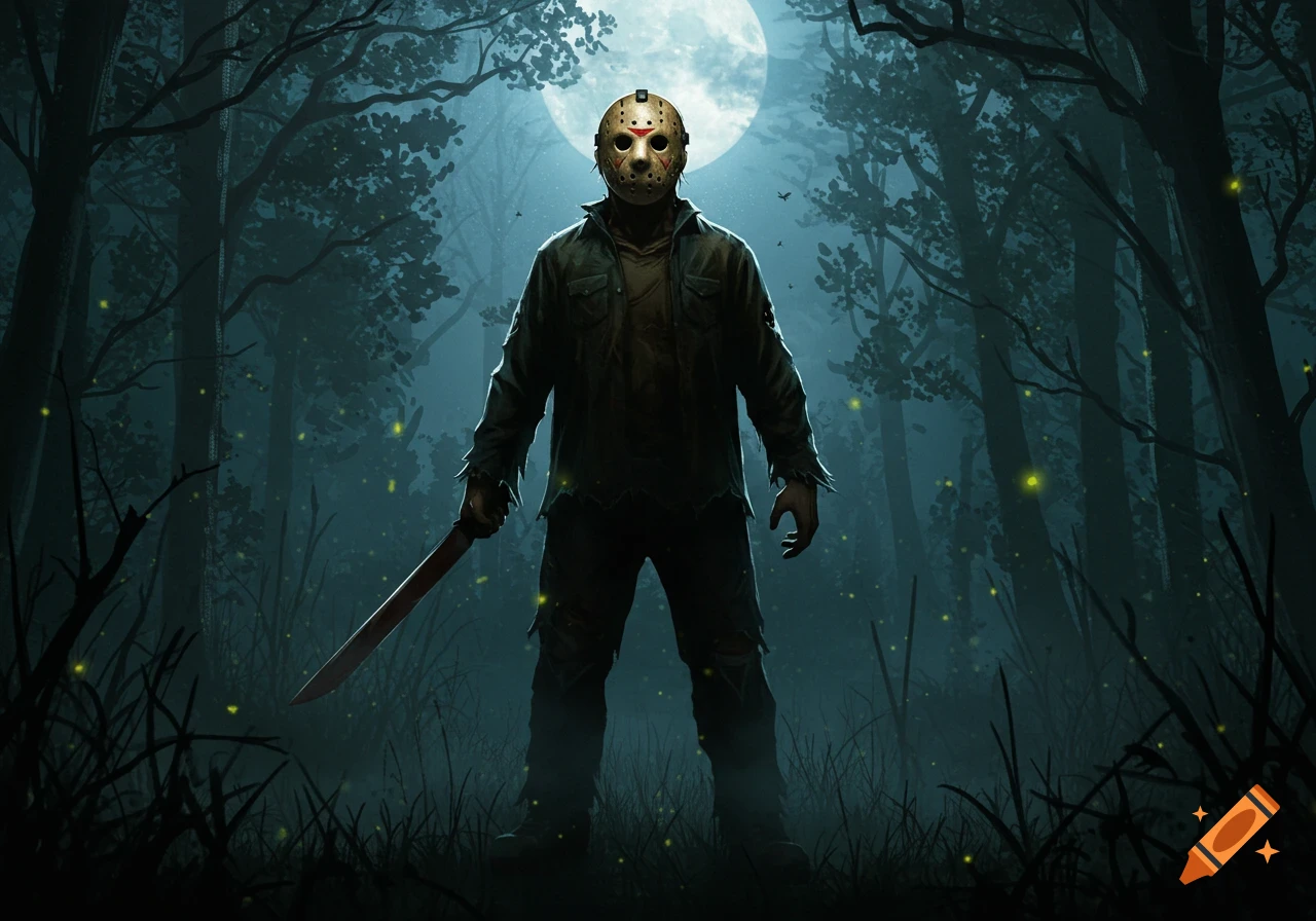 Jason Voorhees, in his iconic hockey mask and tattered clothes, stands with a machete in a dark forest under a full moon with fireflies.