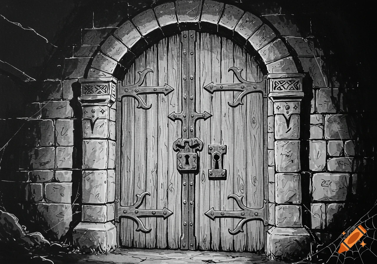 Black and white ink drawing of an imposing, heavy wooden dungeon door with ornate iron hardware set in a dark stone archway.