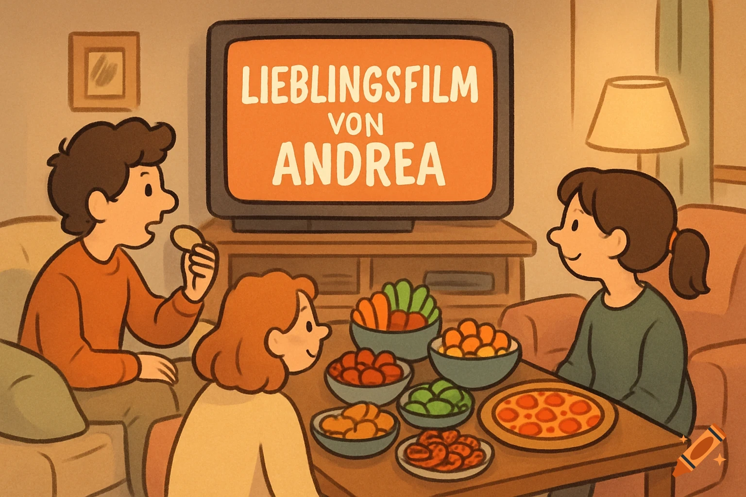 A cartoon family watches TV and eats pizza and snacks in a cozy living room. The TV shows "Lieblingsfilm von Andrea".