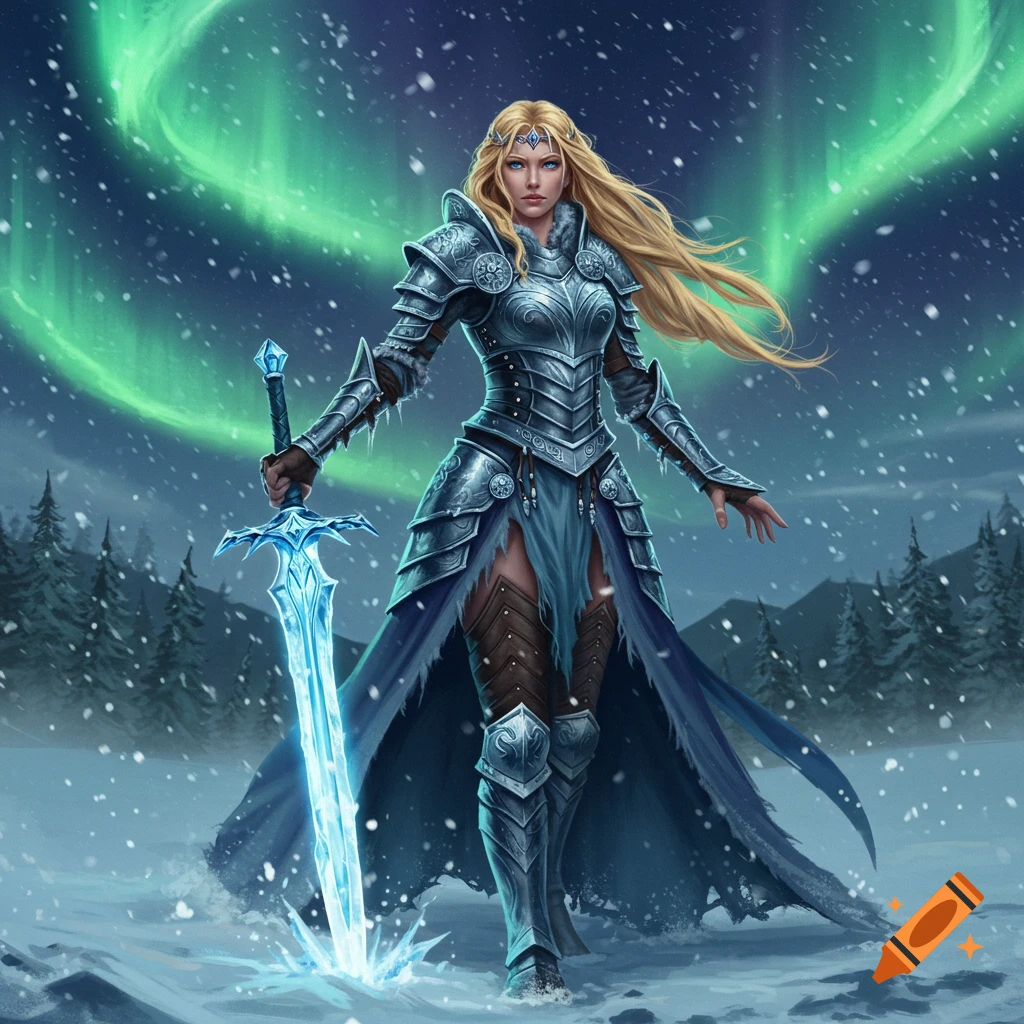 Blonde warrior princess in ornate armor holds a glowing ice sword in a snowy landscape under a green aurora.