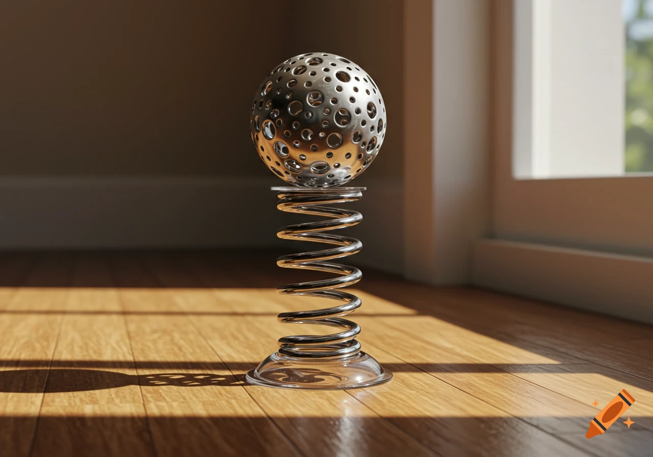 A metallic sphere with many holes rests on a coiled spring with a clear base, on a wooden floor in a sunlit room.