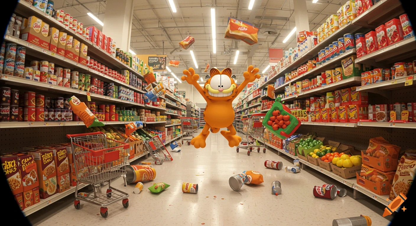 A cartoon Garfield floats with arms outstretched in a chaotic supermarket, surrounded by scattered groceries and overturned carts.