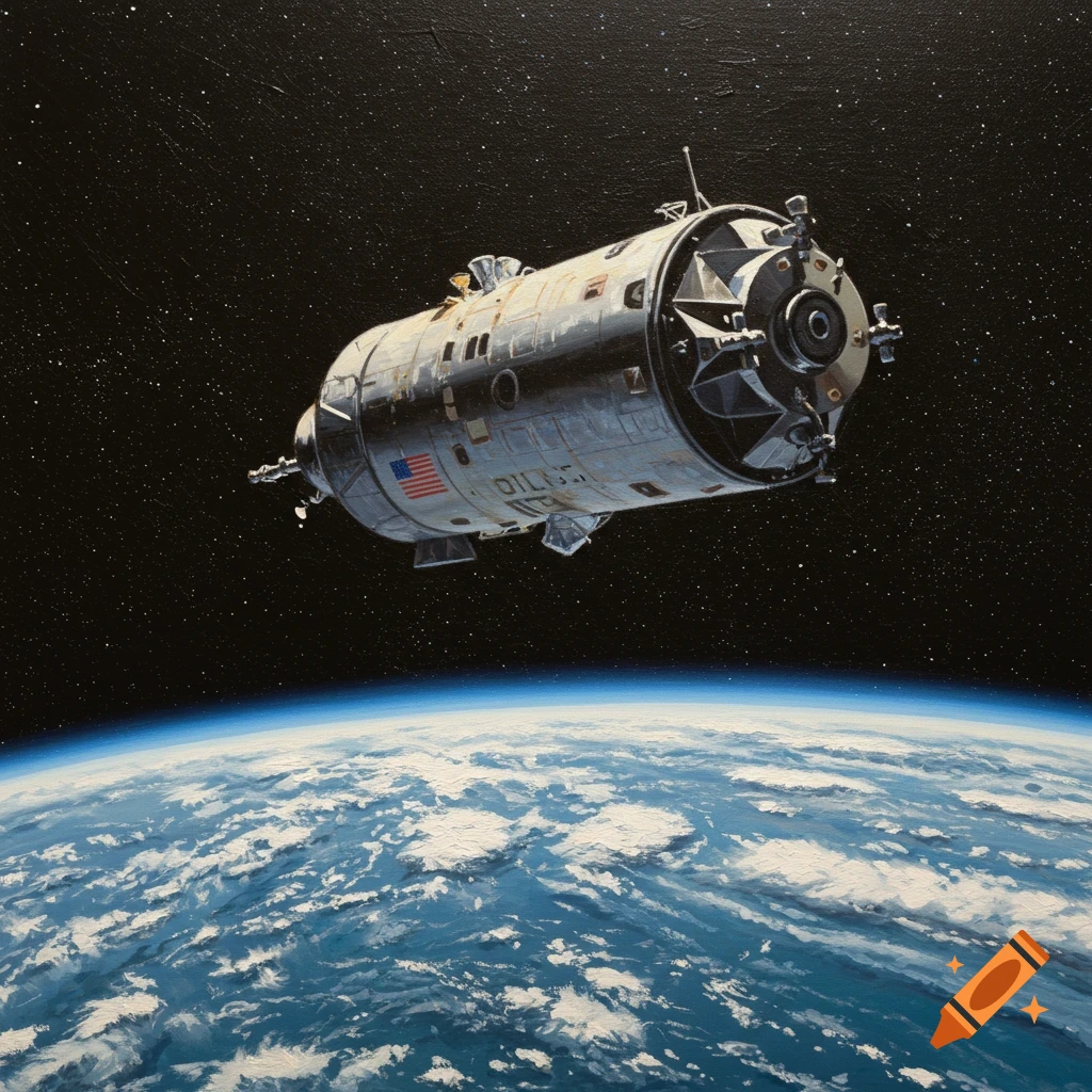 An oil painting of the Apollo Command/Service Module orbiting Earth, with clouds and the curve of the planet visible below.
