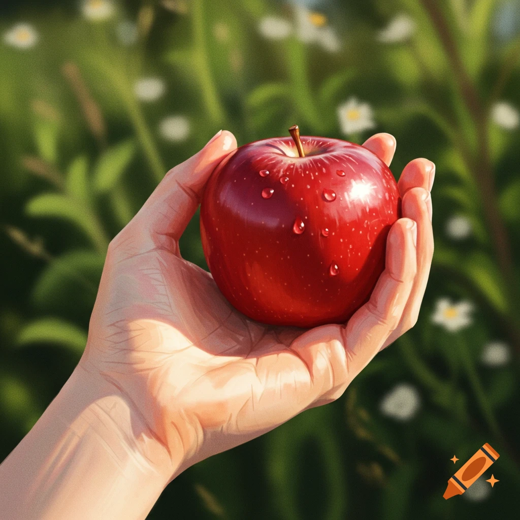 A hand holds a single red apple covered in water droplets against a blurry green and white floral background.