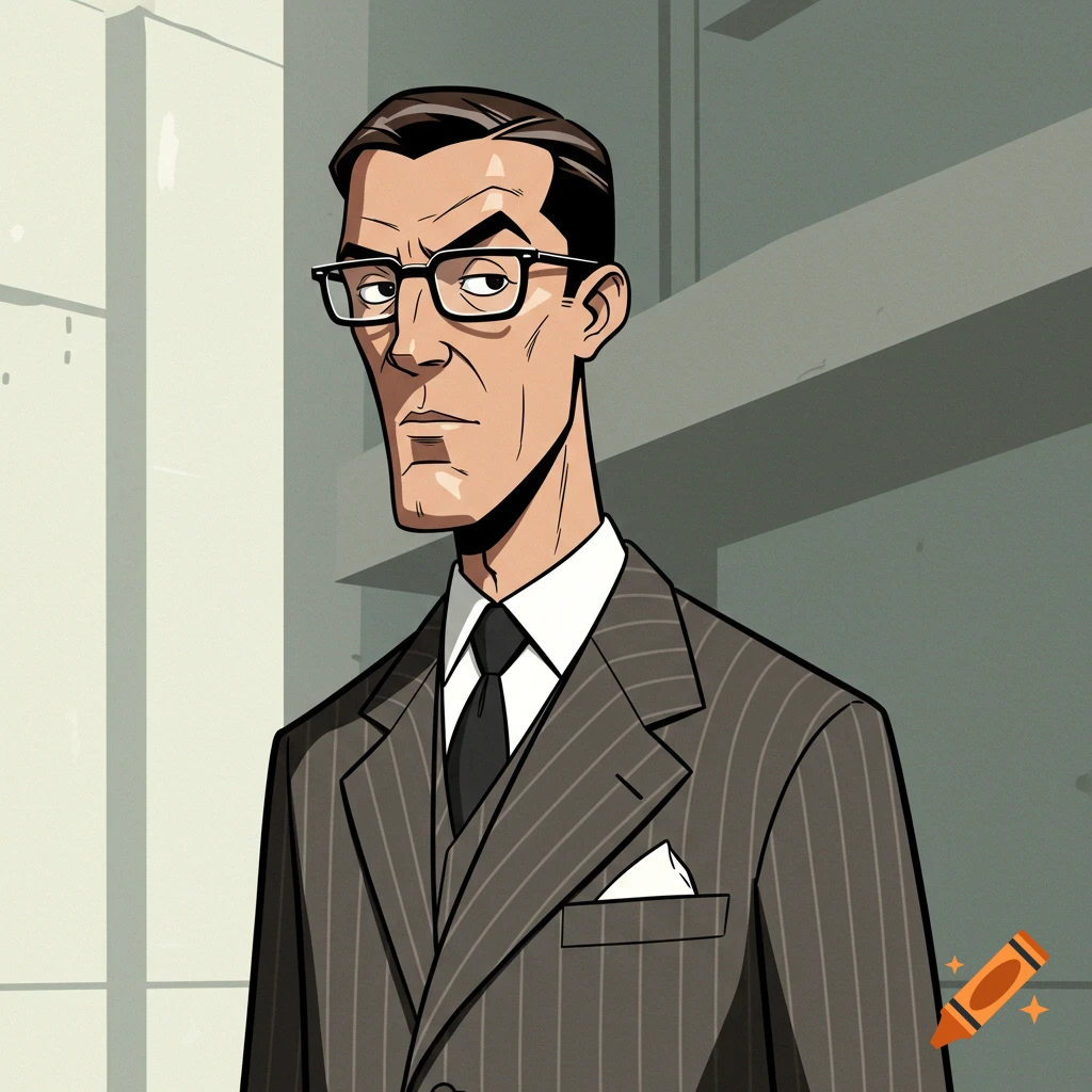 Cartoon illustration of a stern man with glasses and a pinstripe suit in a clear line style.