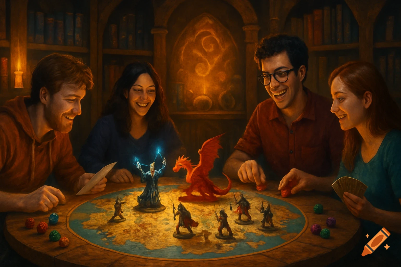 Four friends smiling and laughing around a table, playing a fantasy board game with miniature figures and dice in a dimly lit, cozy room.