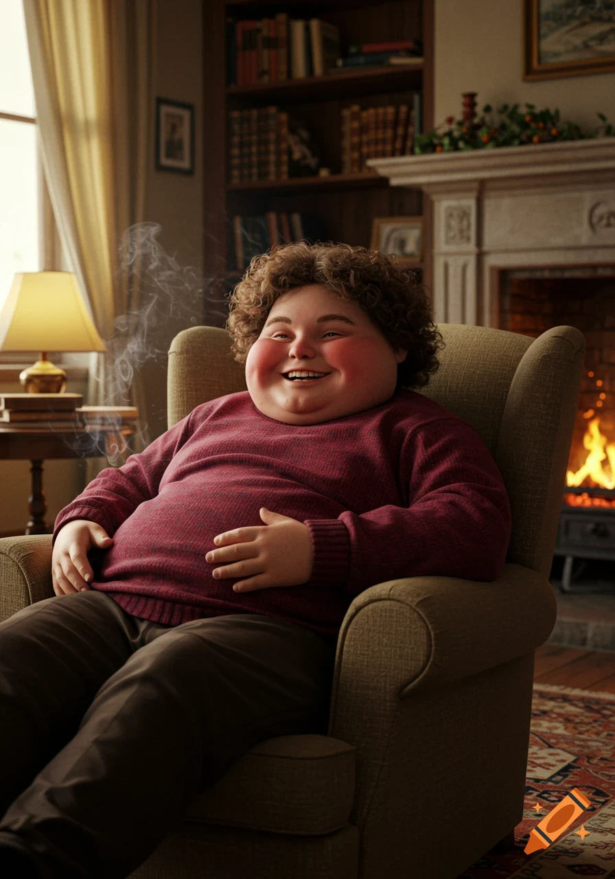 A plump, curly-haired person laughs in a cozy armchair by a fireplace and bookshelf, smoke rising. Photorealistic.