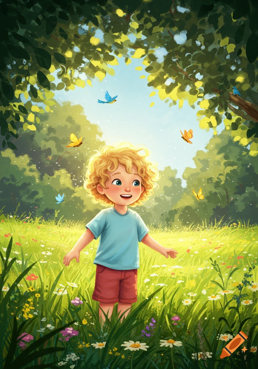 A vibrant illustration of a smiling young boy with blonde curly hair in a sunny wildflower field with butterflies and trees.