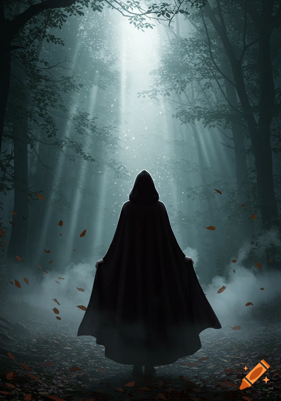 A dark hooded figure stands facing away, silhouetted in a misty forest with sun rays shining through the trees and falling leaves.