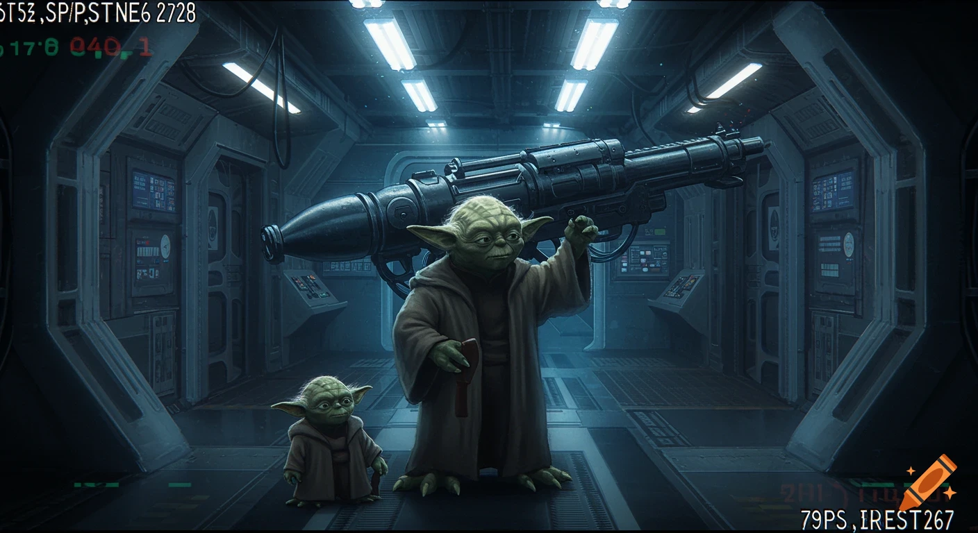 Yoda with a smaller Yoda and a large bazooka in a dark, futuristic spaceship corridor, viewed through a grainy CCTV screen.