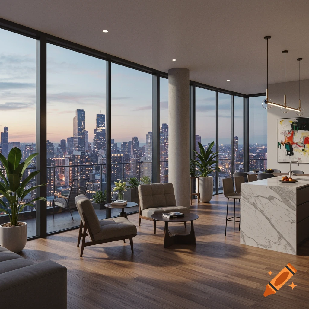 A modern apartment living room with floor-to-ceiling windows overlooking a city skyline at dusk, featuring contemporary furniture and a kitchen island.