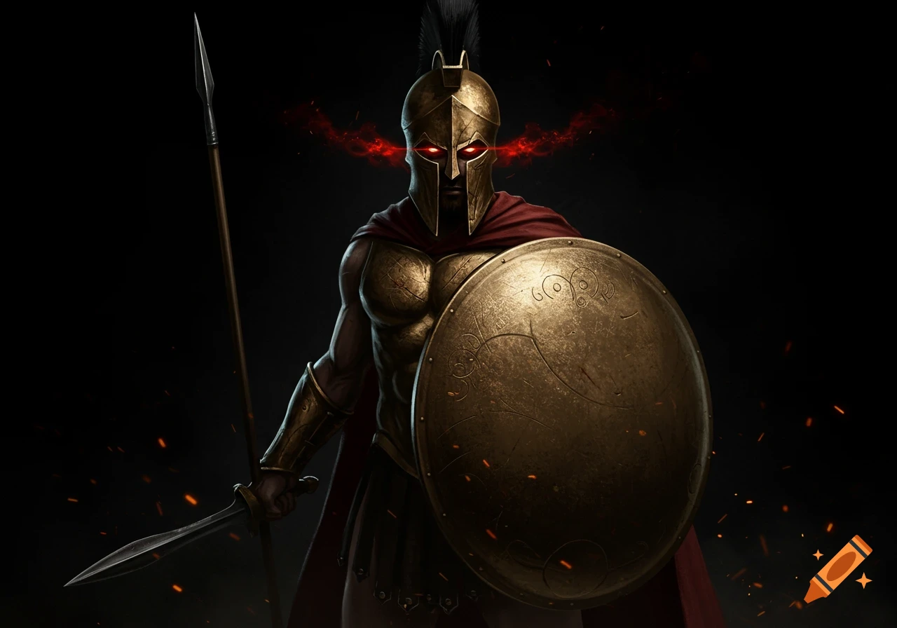 A stylized Spartan hoplite warrior with glowing red eyes, holding a spear and bronze shield against a dark, dramatic background with sparks.