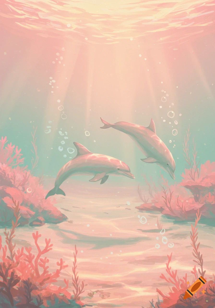 Two stylized dolphins swim in a pastel pink and teal underwater scene with sunbeams and coral.