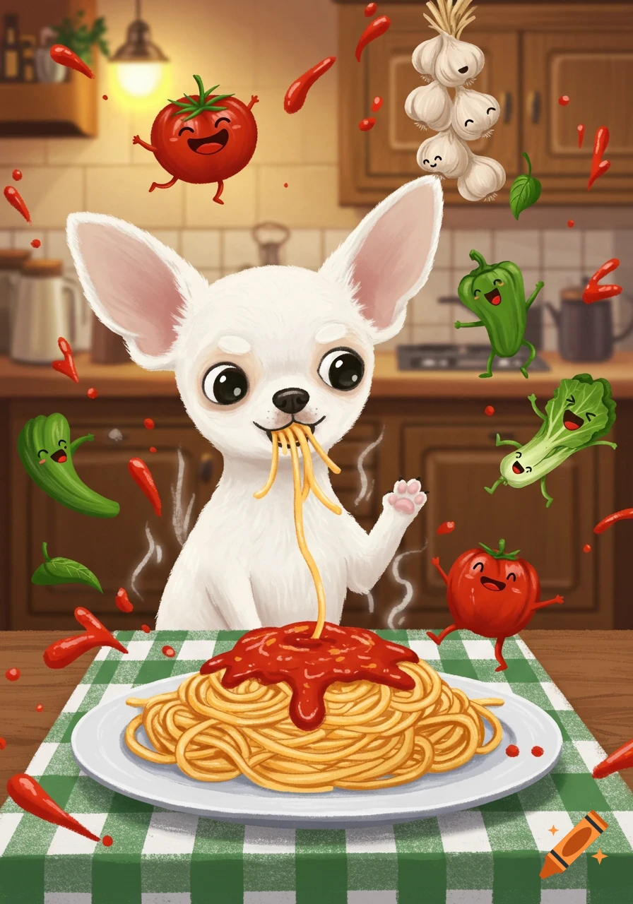 A cartoon white chihuahua eats spaghetti with tomato sauce in a kitchen, surrounded by flying, happy cartoon vegetables.
