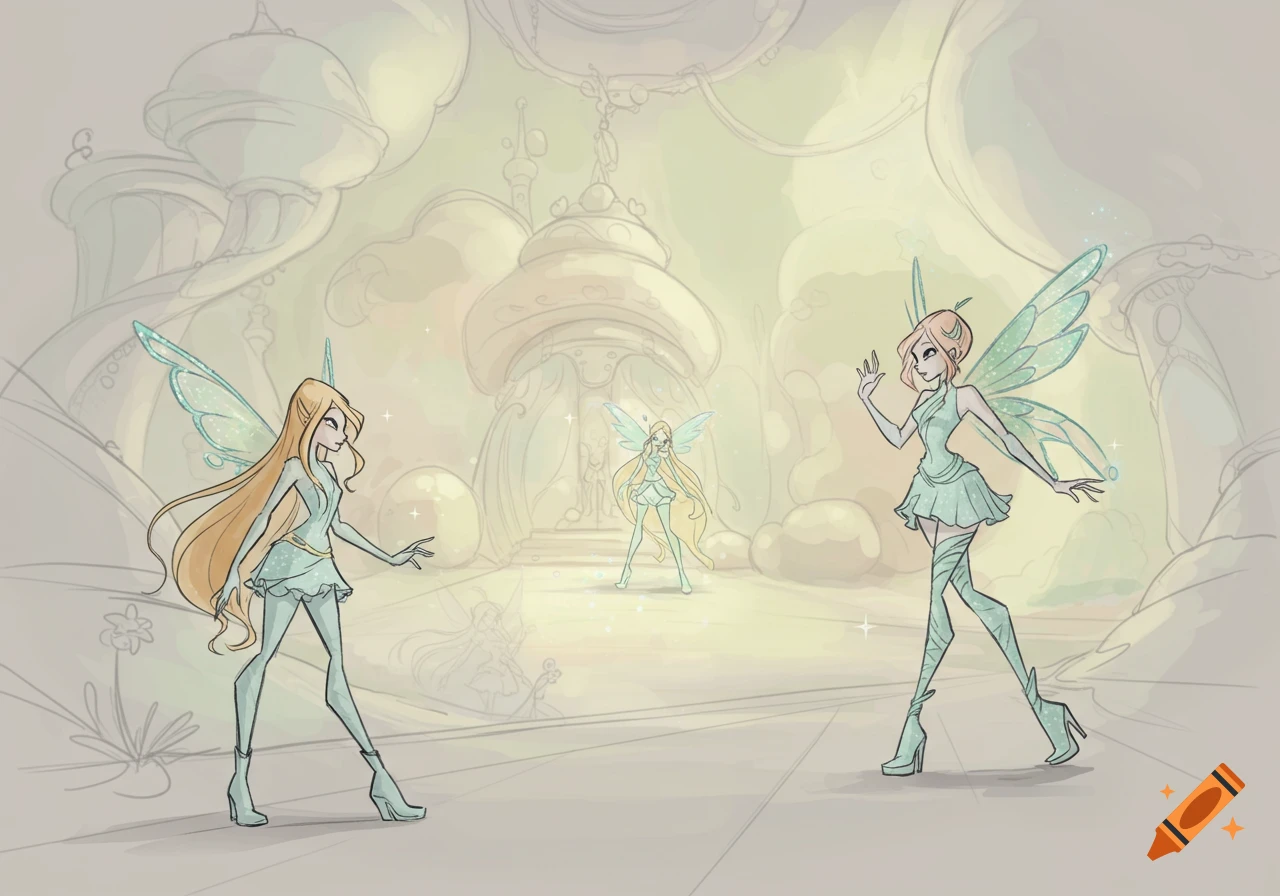 Three fairy characters from Winx Club in a concept sketch style, with two in the foreground and one in the background.