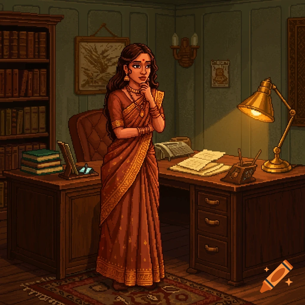 Pixel art of an Indian woman in a sari standing thoughtfully in a dimly lit office with a desk and bookshelf.