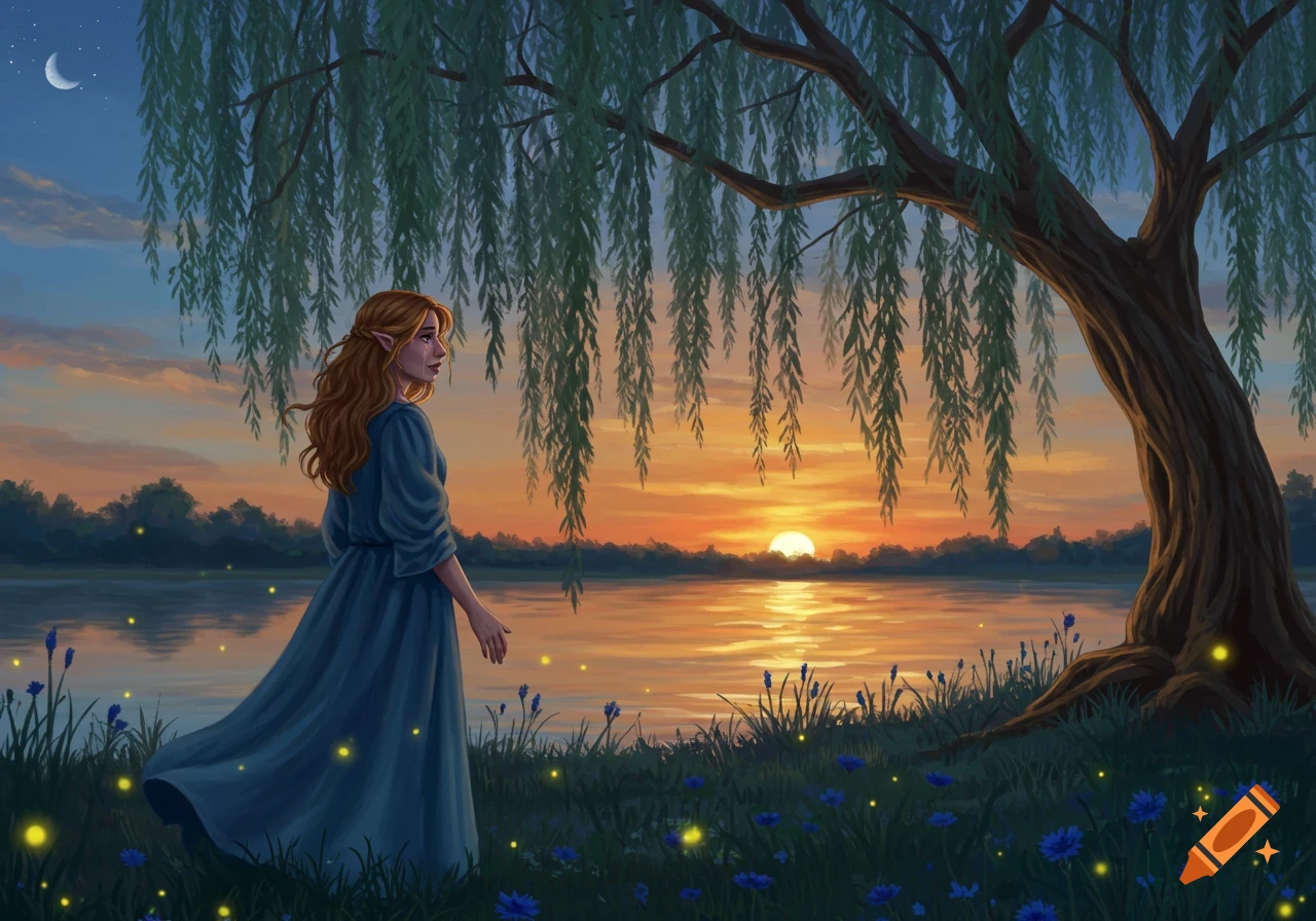 An elf in a blue dress stands under a weeping willow by a lake at sunset, with fireflies and a crescent moon.