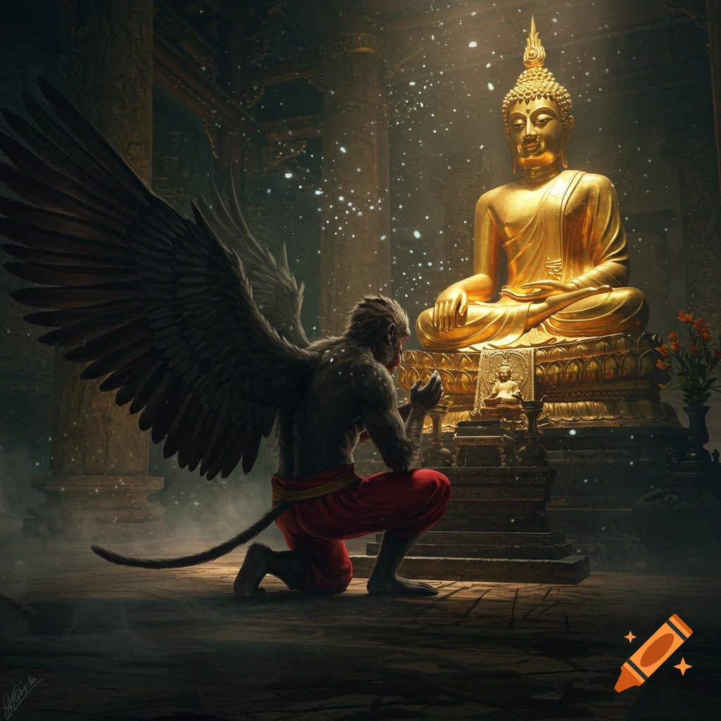 A winged monkey-like creature kneels reverently before a large golden Buddha statue in a dimly lit temple, with glowing particles in the air.