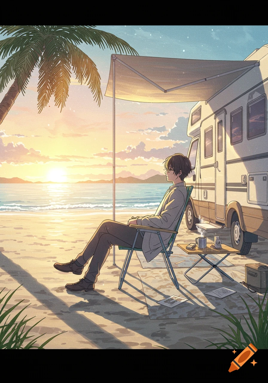 An anime man with glasses sits in a folding chair on a sandy beach next to an RV, watching the sunset over the ocean.