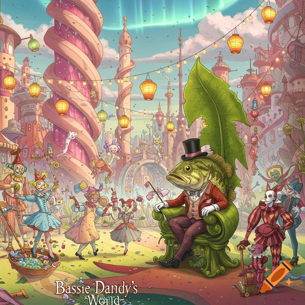 A whimsical illustration of a bass fish in a suit on a leaf throne, surrounded by jesters and fantastical buildings under an aurora sky.