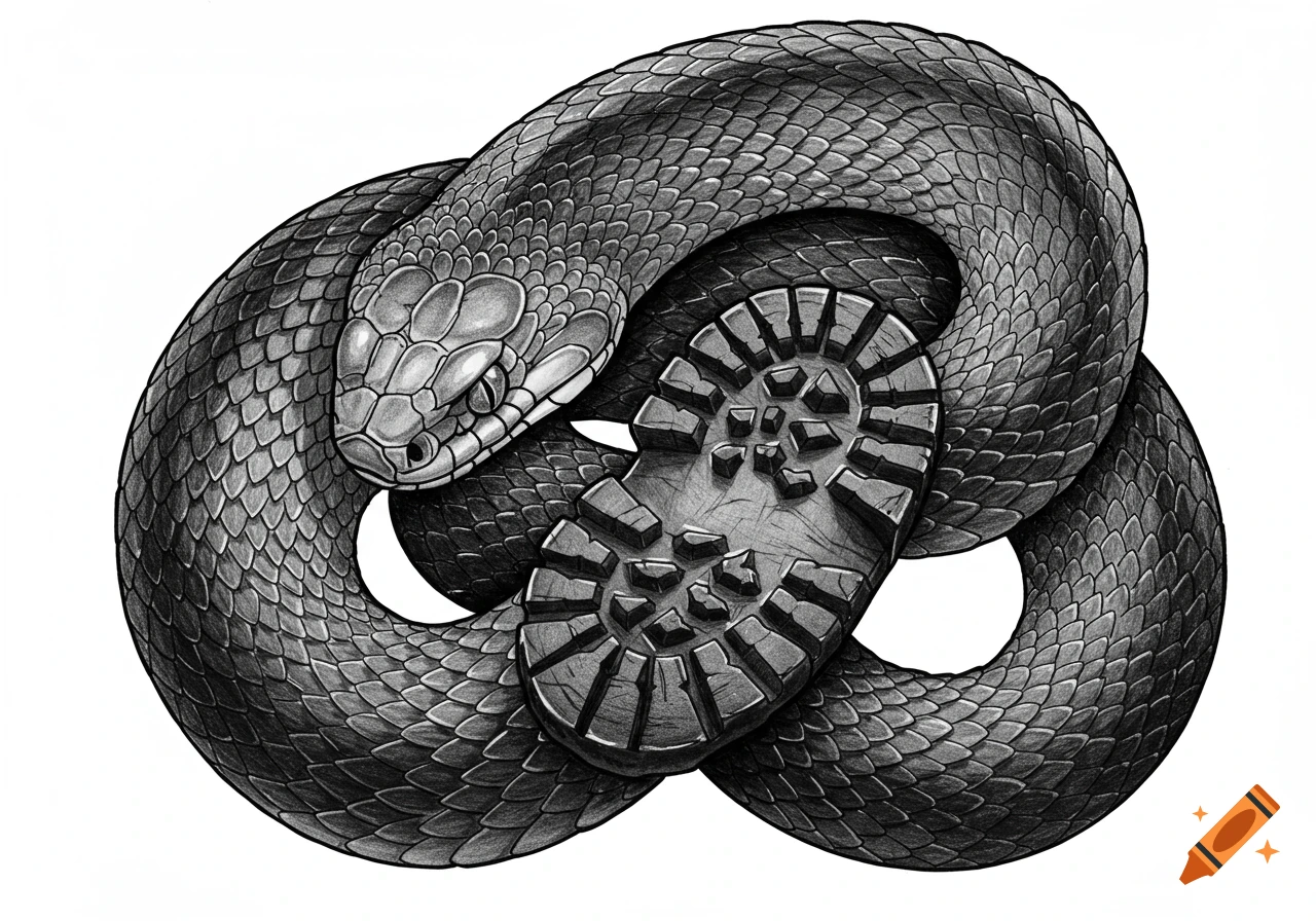 A black and white pencil drawing of a coiled snake with the sole of a boot pressed against its head.