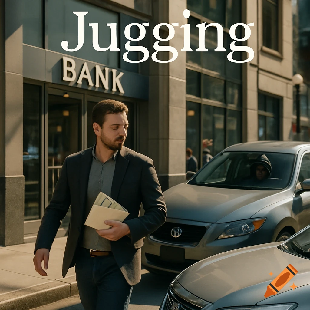A photorealistic image of a man leaving a bank, holding an envelope with cash, while a person in a car watches him.