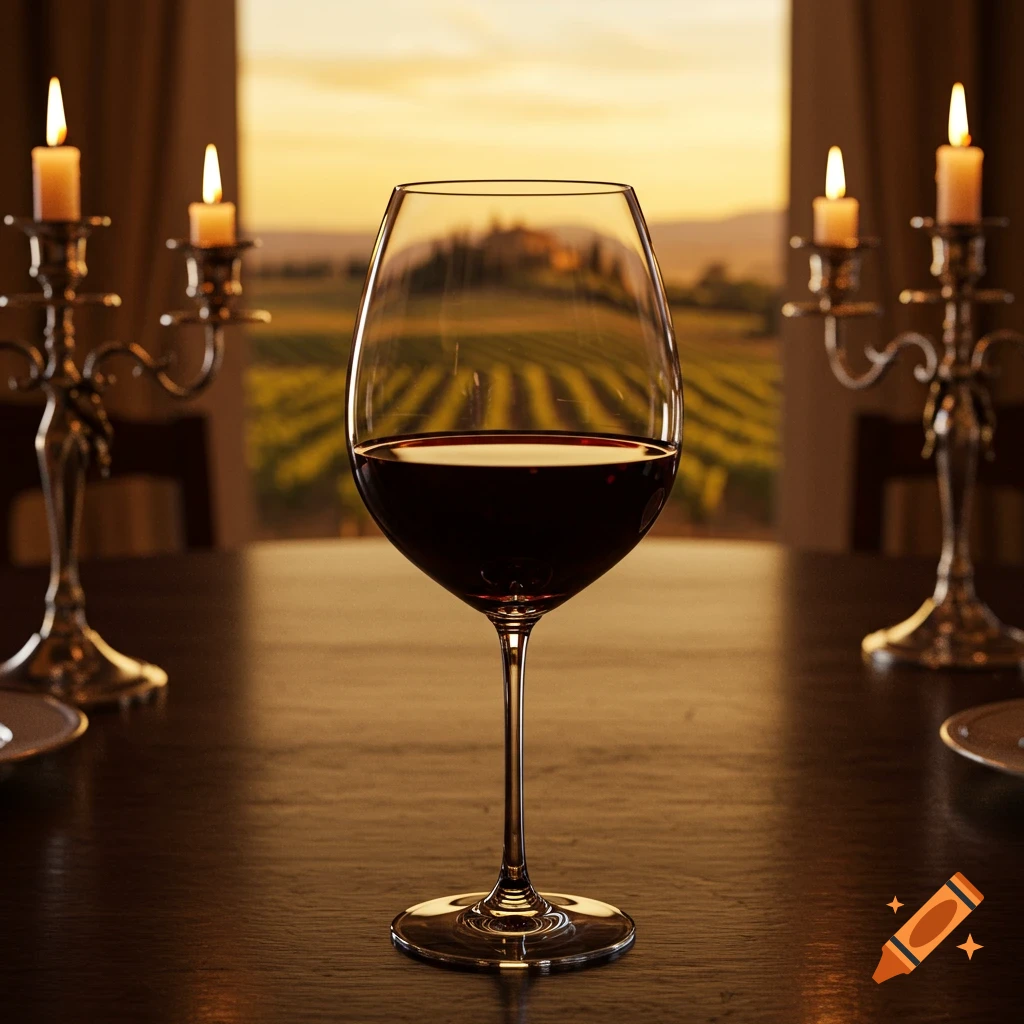 A close-up of a wine glass with red wine on a wooden table, flanked by lit candelabras, against a sunset vineyard.