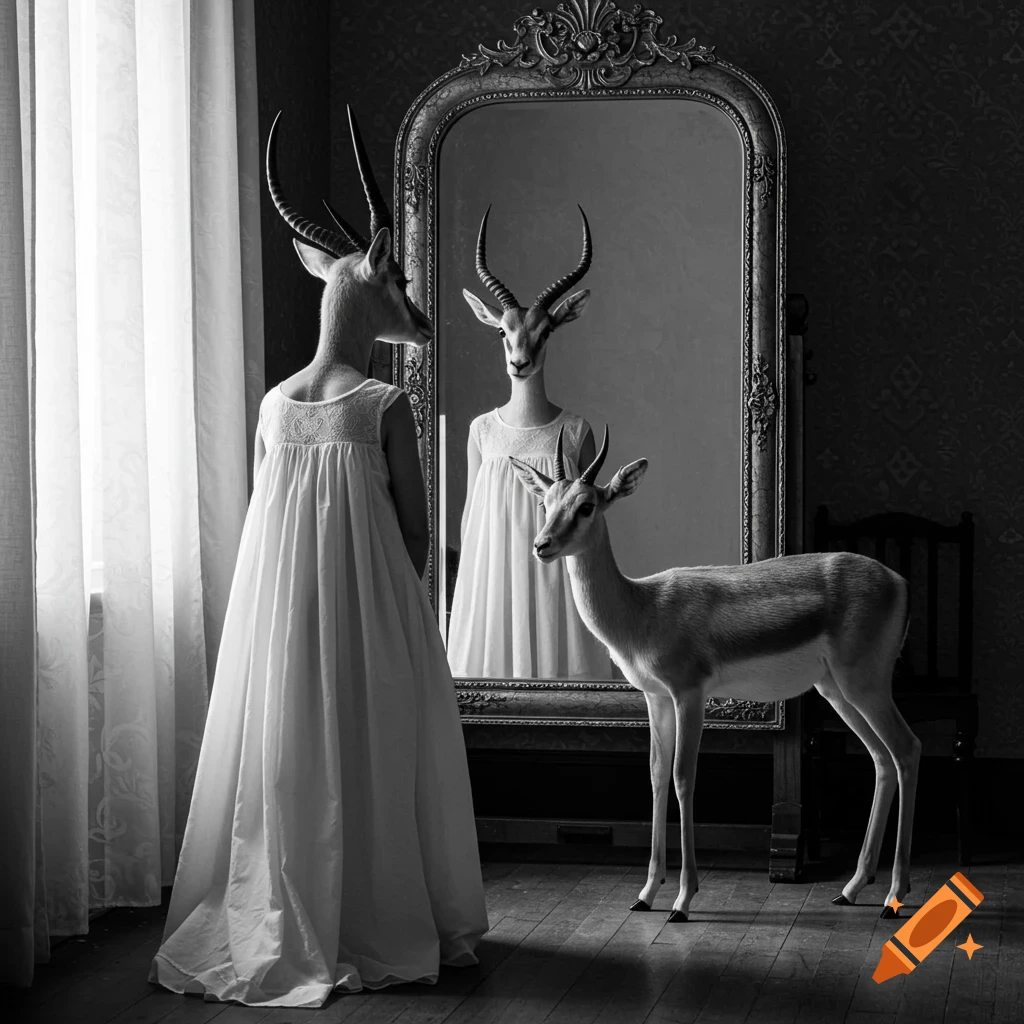 Black and white photo of an antelope-headed figure in a white dress looking in an ornate mirror, with a small antelope standing nearby.