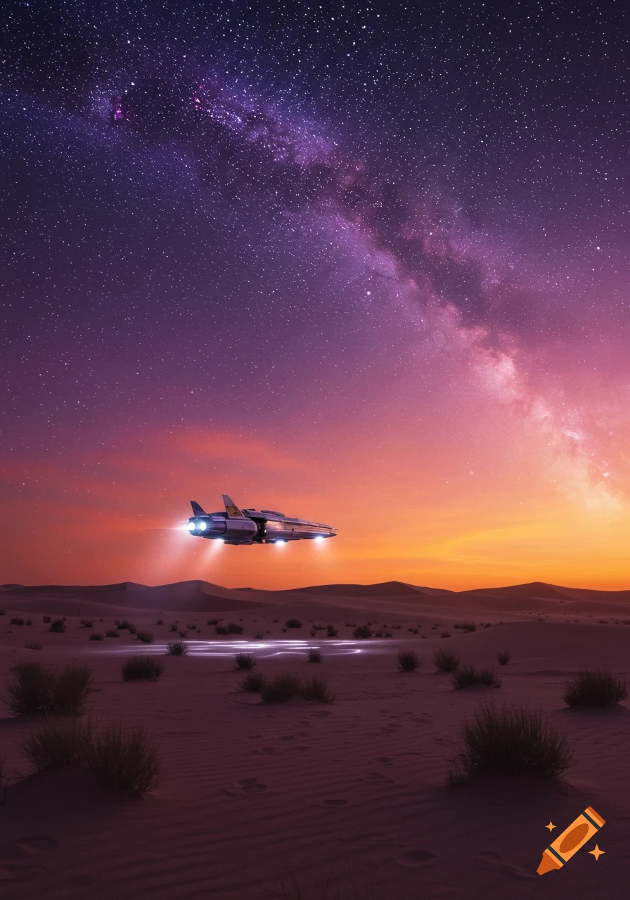 A futuristic spaceship flies low over desert dunes, illuminated against a sunset and starry Milky Way sky.