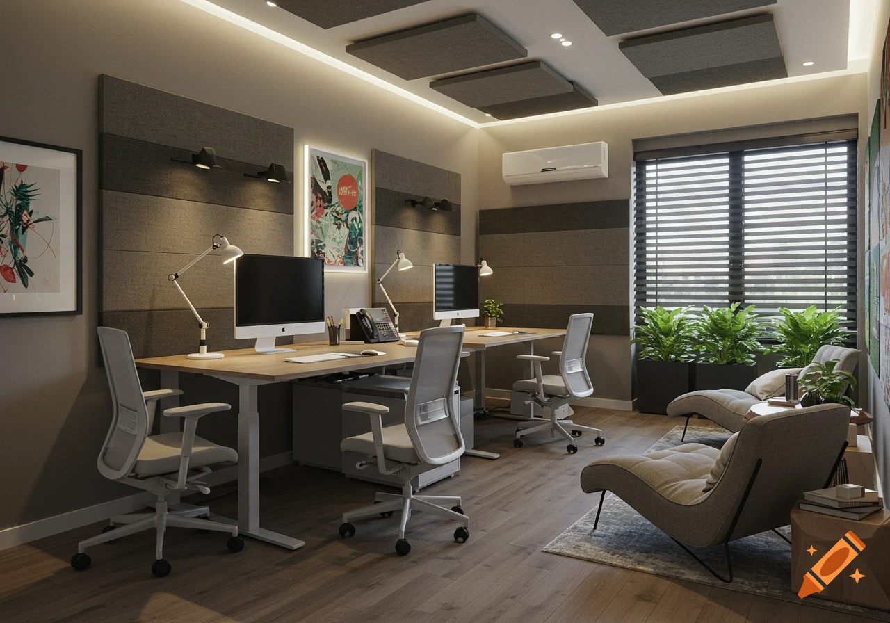 A modern home office with two workstations, ergonomic chairs, a lounge area with plants, and art on the walls. Photorealistic.