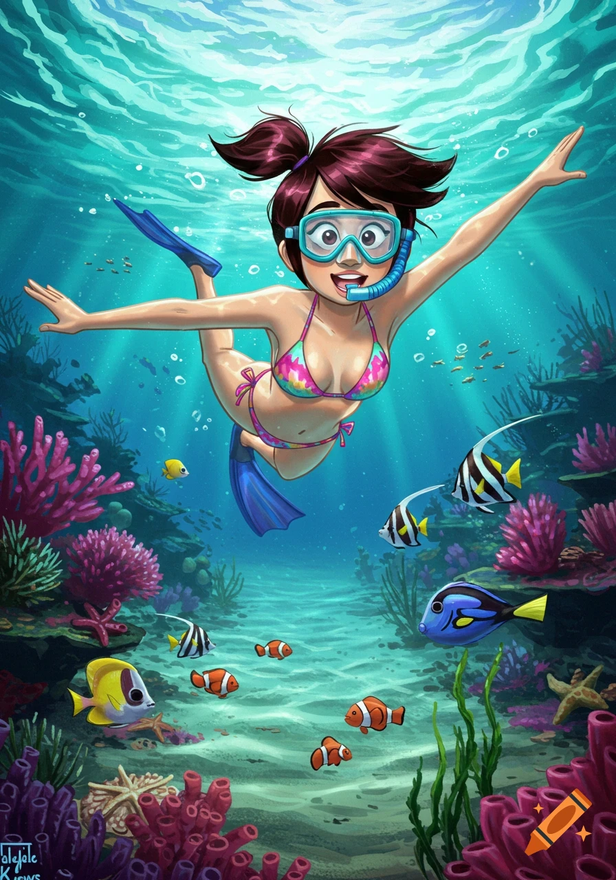 A cartoon girl in a colorful bikini and snorkel mask swims happily underwater surrounded by various fish and coral reefs.