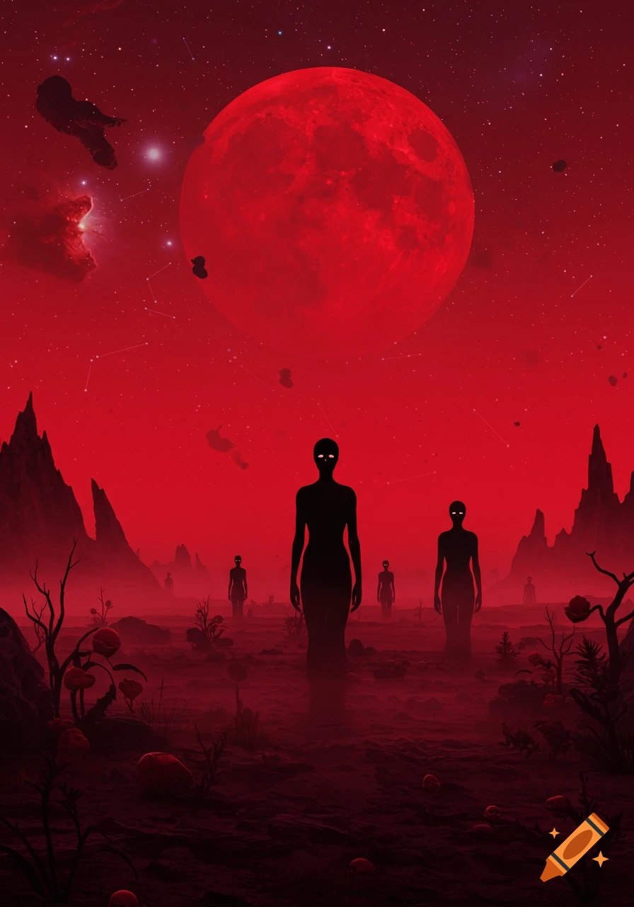 Silhouetted figures with glowing eyes stand on a dark red alien landscape under a giant blood-red moon and starry sky.