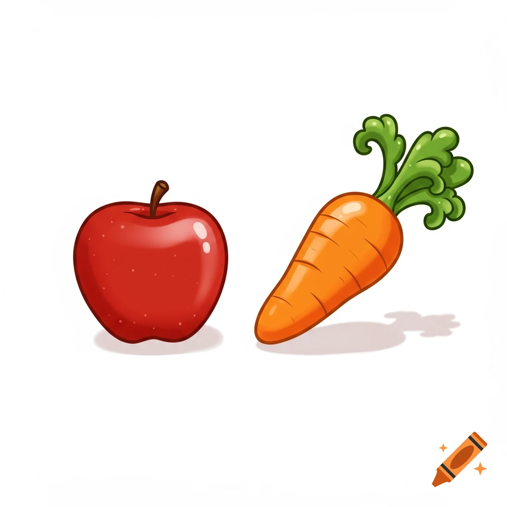 A red cartoon apple and an orange cartoon carrot floating with shadows on a white background.