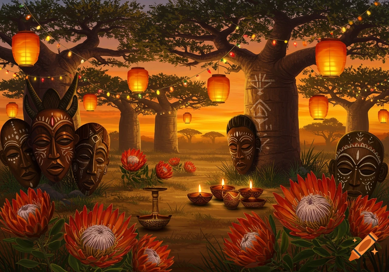 African masks, protea flowers, and lanterns illuminate a sunset savanna scene with baobab trees and candles.