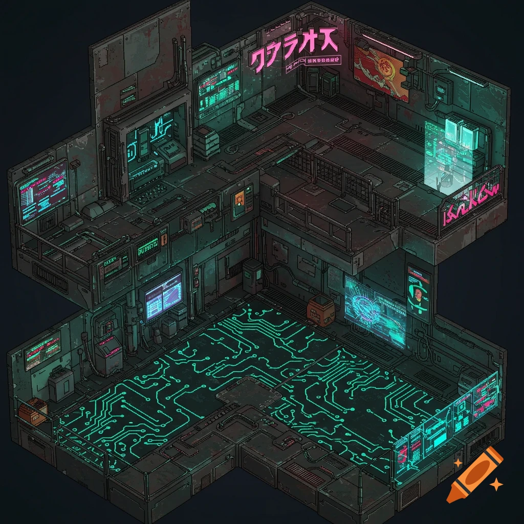 Isometric pixel art view of a detailed cyberpunk interior with glowing screens, circuit board patterns on the floor, and neon signs.