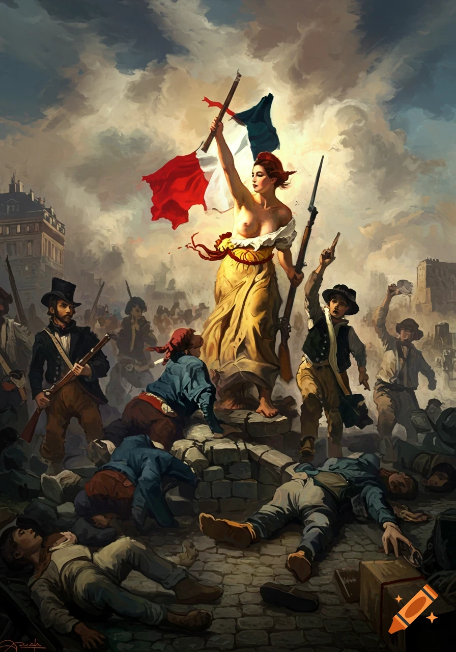 A painting of Liberty, a woman with bare breasts holding a French flag and rifle, leading revolutionaries over fallen bodies in a battle scene.