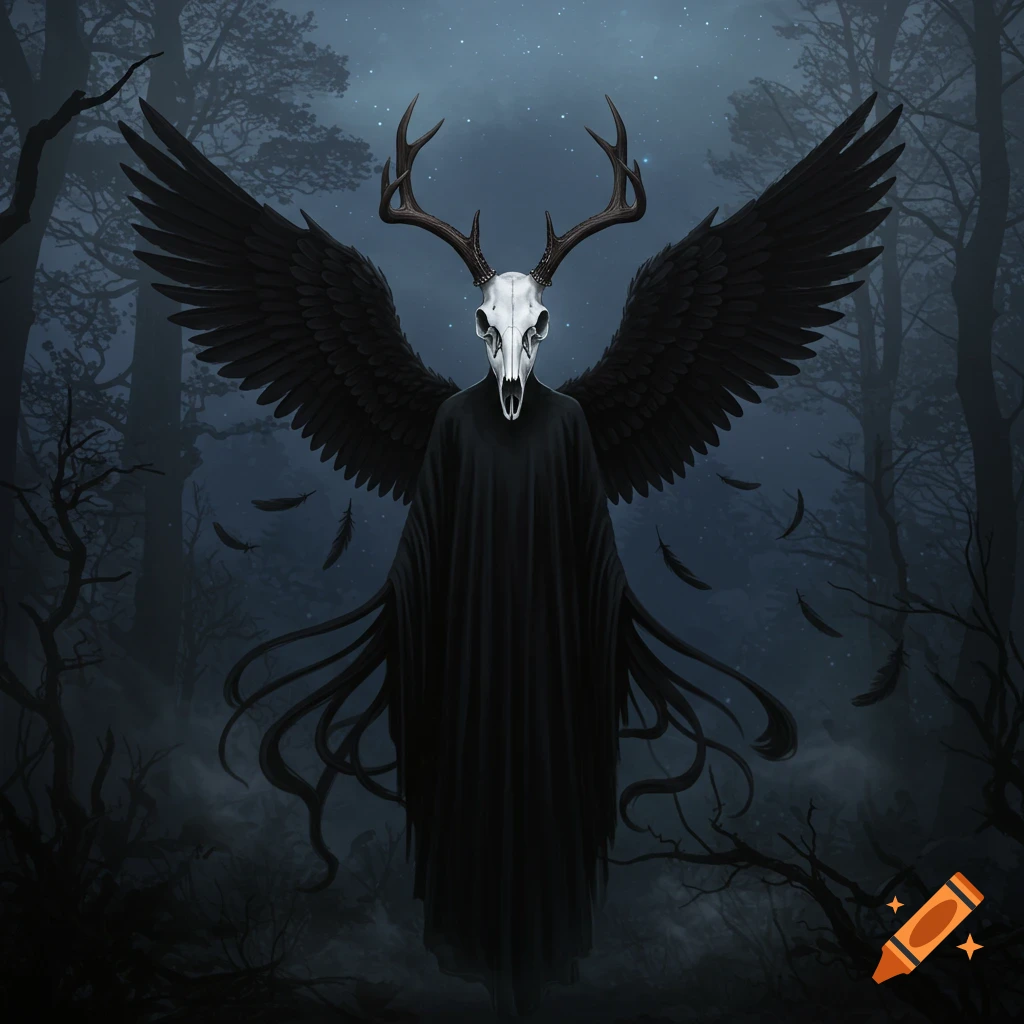 A dark angelic figure with a deer skull head and large black wings stands in a misty, dark forest at night.