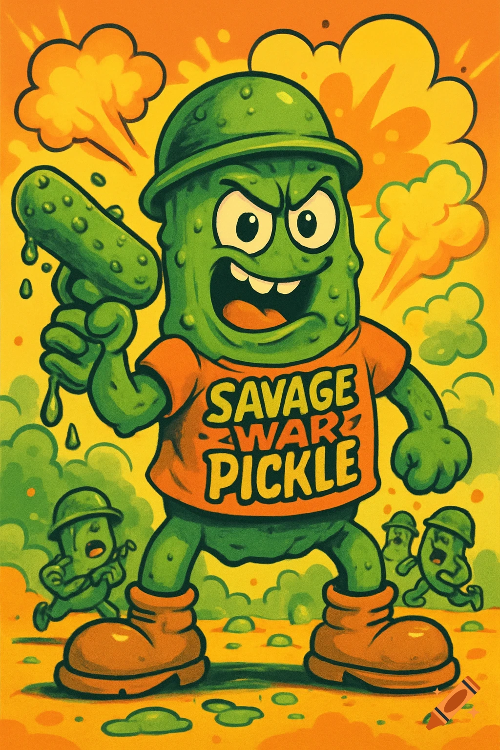 A cartoon pickle soldier in a helmet and boots holds a pickle gun, wearing an orange "SAVAGE WAR PICKLE" shirt, with smaller pickles running in the background and yellow explosion clouds.