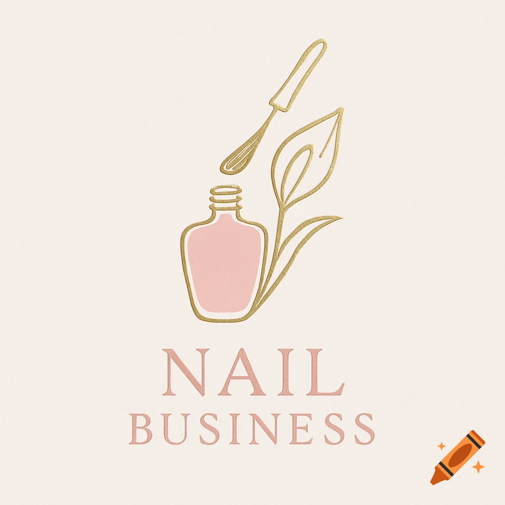 A minimalist logo featuring a pink nail polish bottle, a brush, and a gold leaf on a cream background, with the words "NAIL BUSINESS" below in gold and pink.