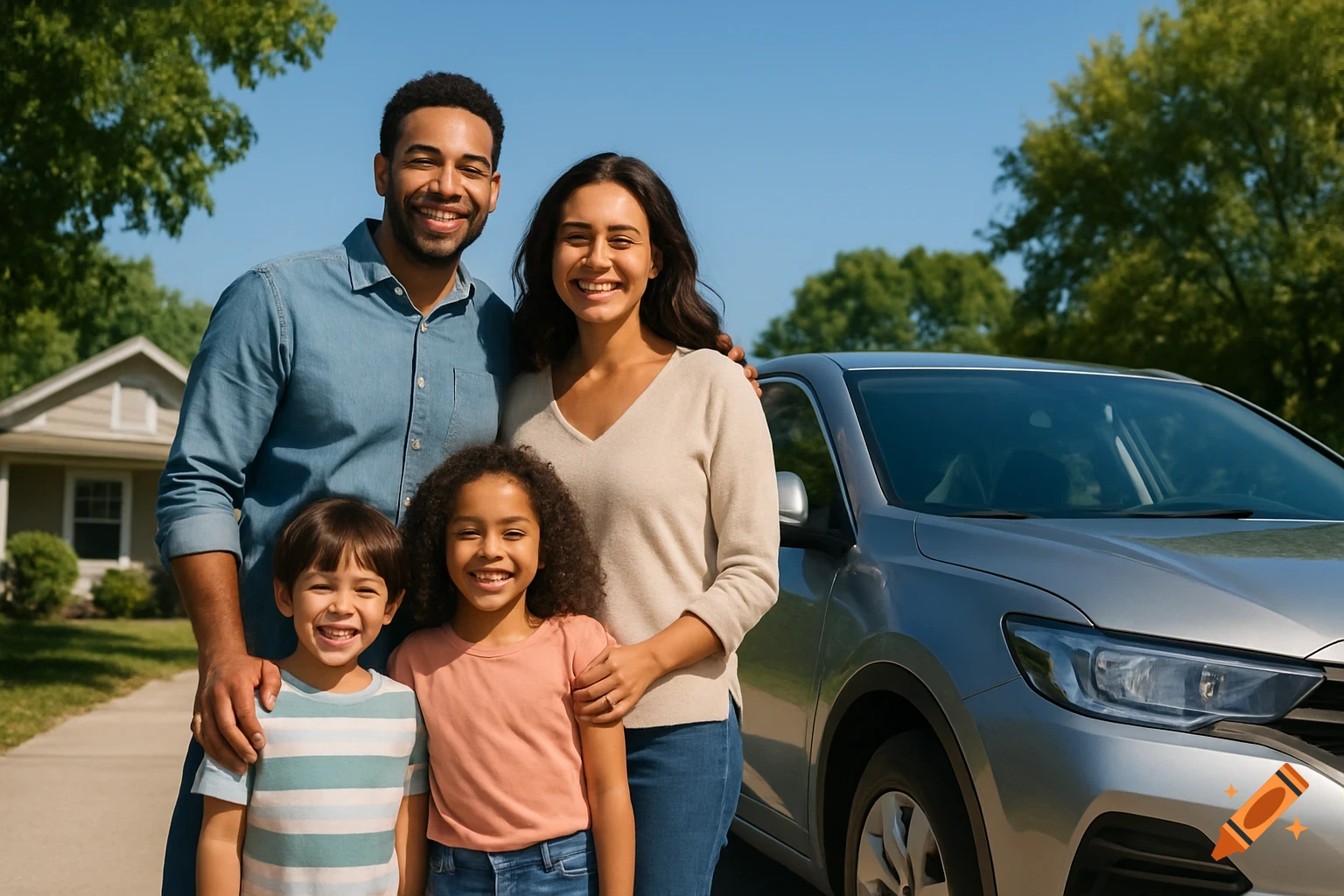 A happy, diverse family stands next to a silver car in a suburban driveway on a sunny day.