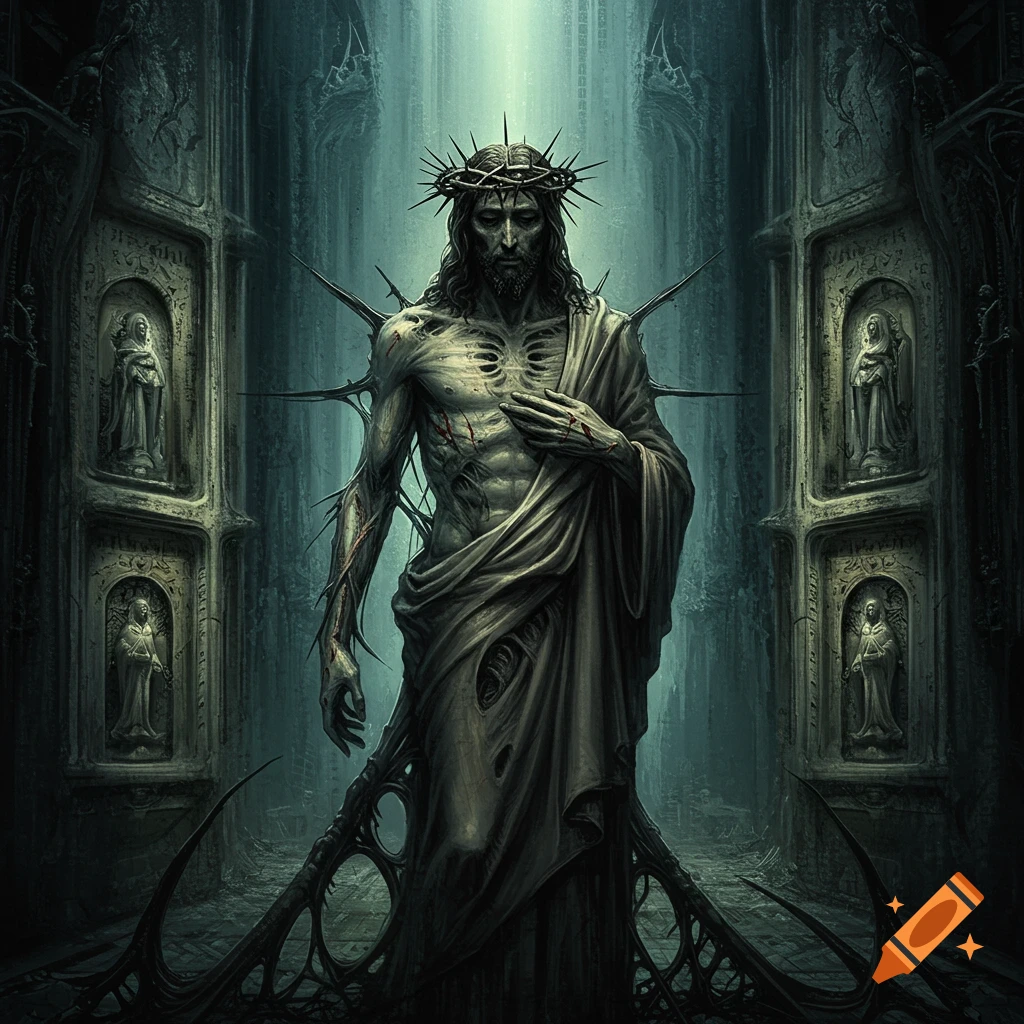 Giger-style Jesus Christ with a crown of thorns, skeletal chest, and biomechanical tendrils, standing in a dark gothic archway.