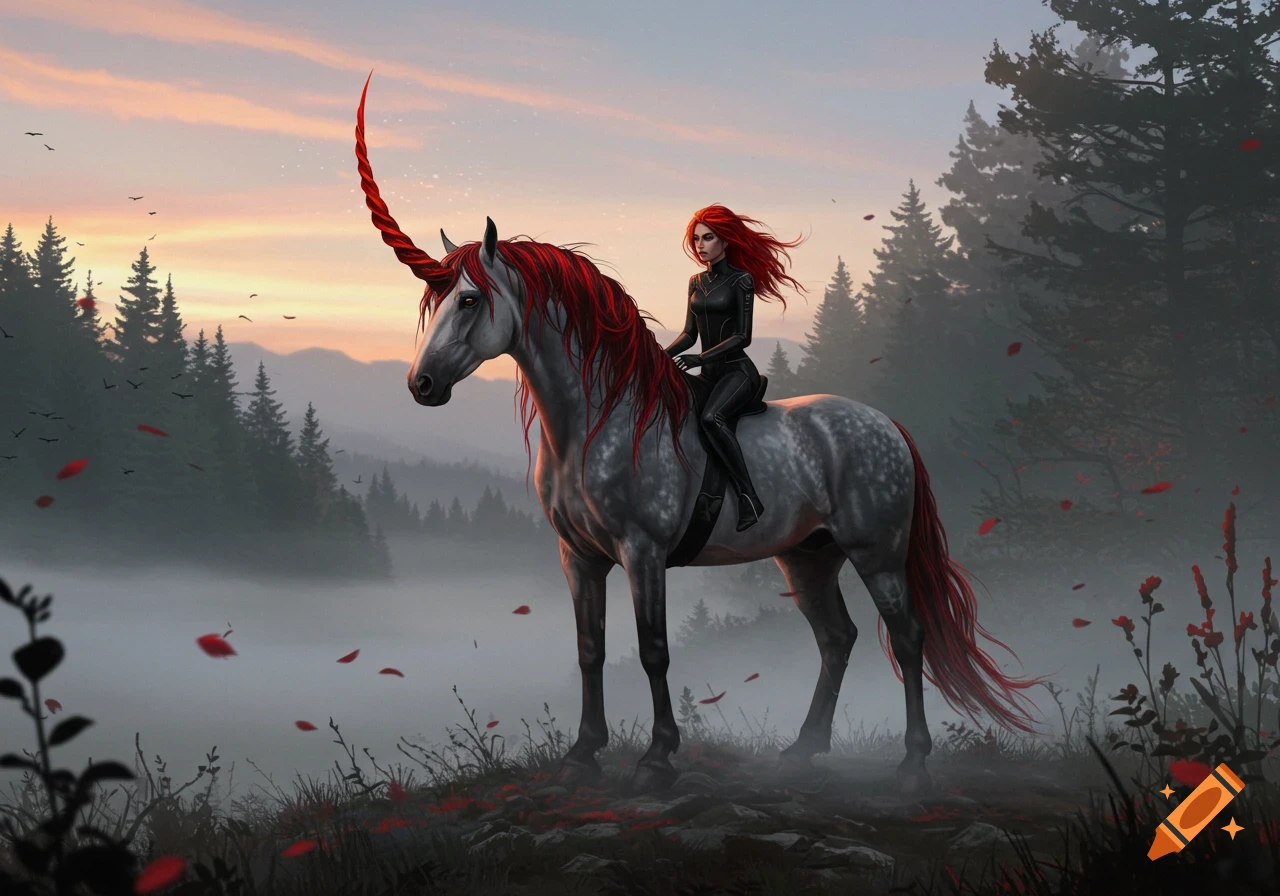 A woman with long red hair in a black suit rides a grey dapple unicorn with red mane, tail, and horn through a misty forest at sunset.