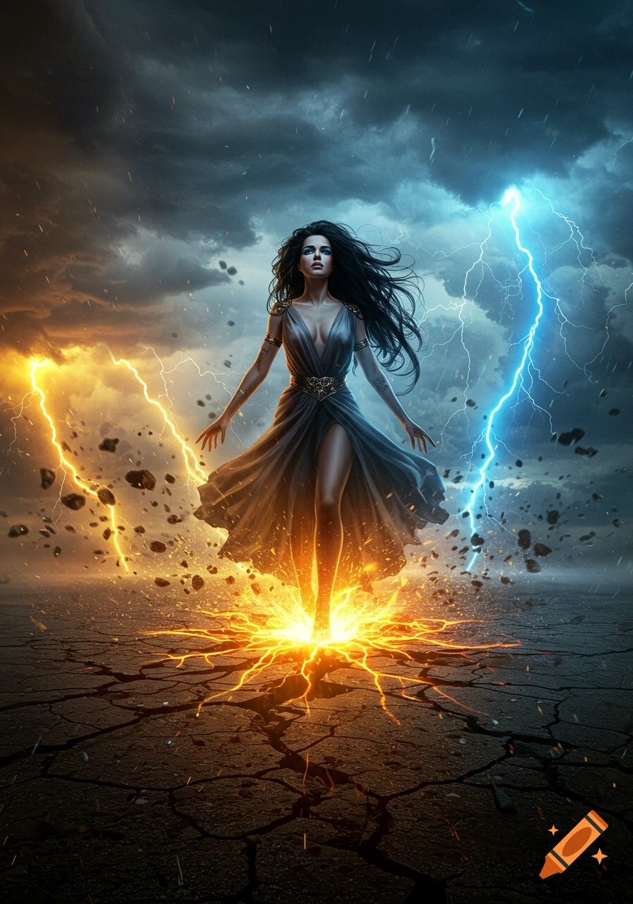 A powerful woman with long dark hair and a flowing dress stands amidst orange and blue lightning, with energy erupting from the cracked ground beneath her feet, under a stormy sky.