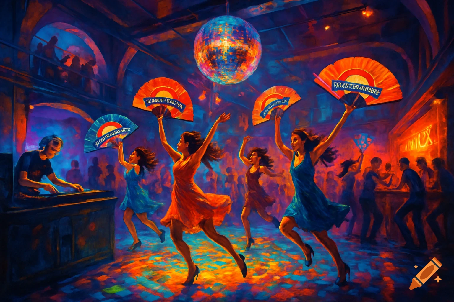 Vibrant impressionistic painting of women dancing with fans in a nightclub under a disco ball, with a DJ and bar in the background.