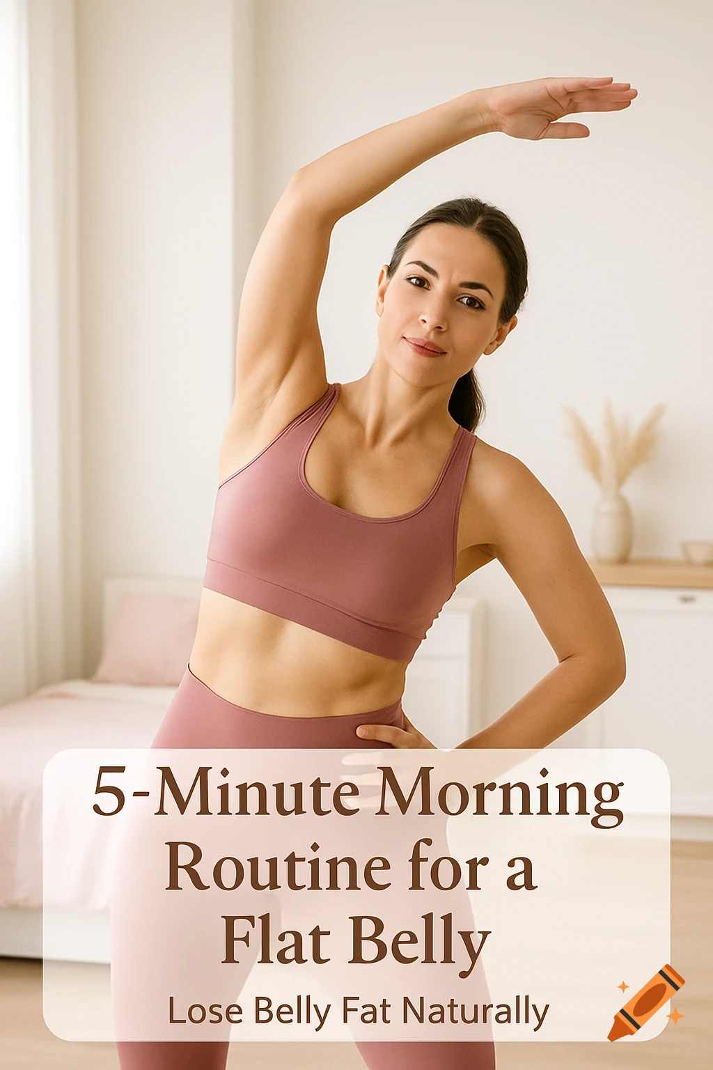 A fit woman in a pink sports bra and leggings stretches, doing a side bend in a bright minimalist room with text overlay.