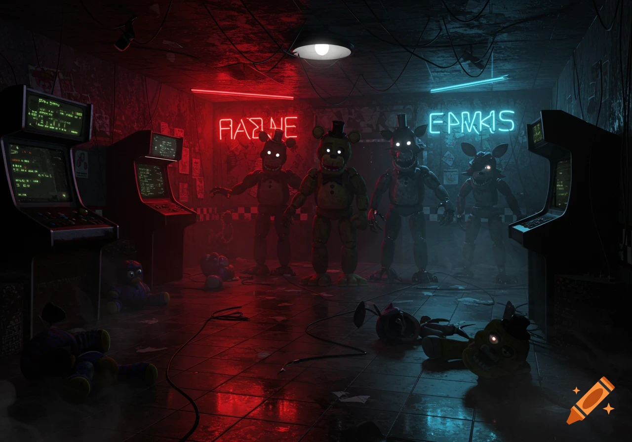 Five Nights at Freddy's animatronics stand in a dark, neon-lit arcade with broken machines and discarded plush toys.