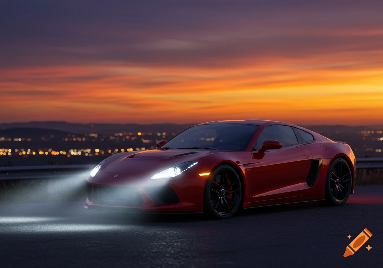 A sleek red sports car with headlights on, parked on a road at sunset, overlooking a city with glowing lights.