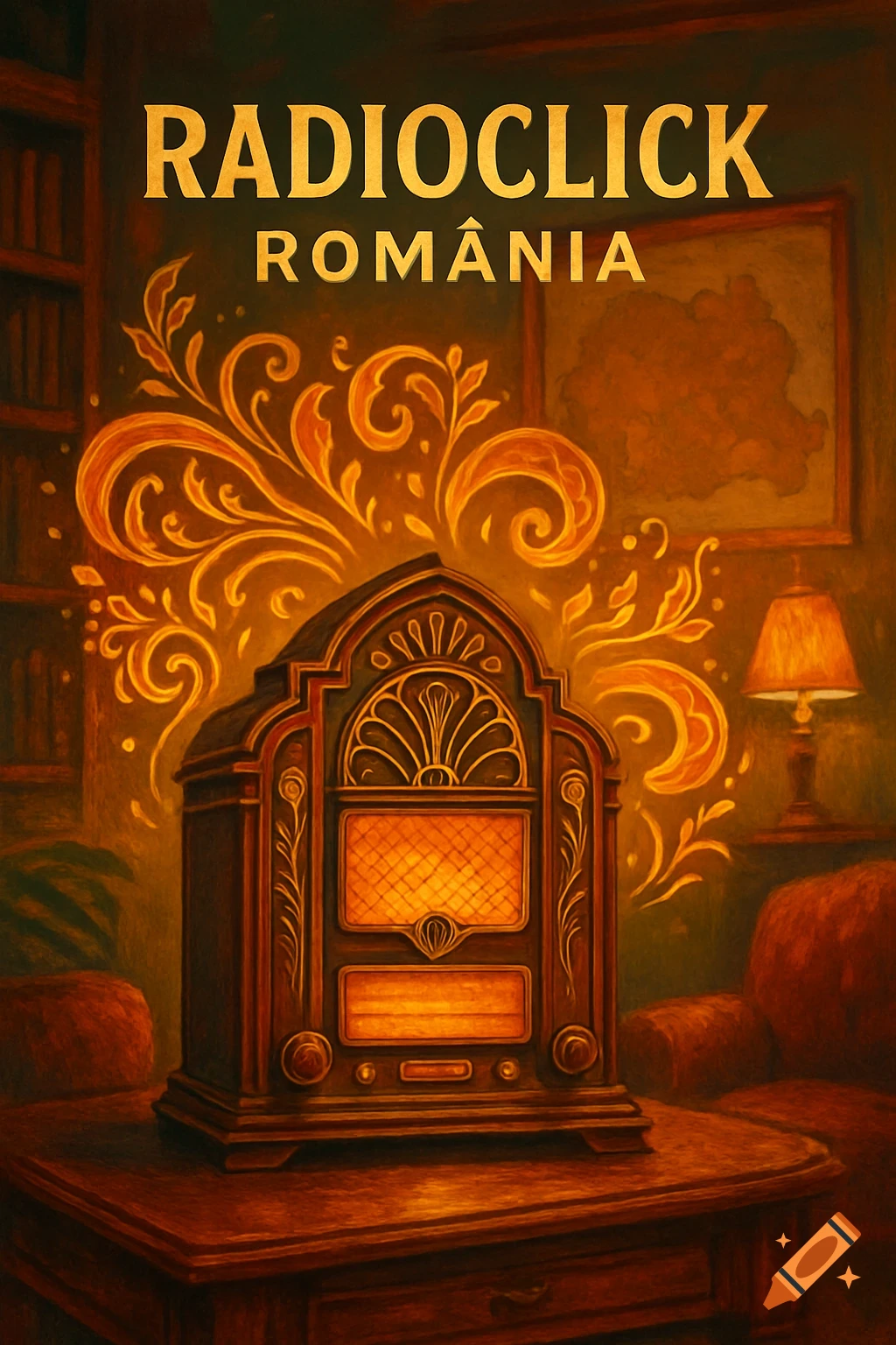 A vintage radio with glowing intricate patterns sits on a wooden table in a dimly lit room, with text "RADIOCLICK ROM R I A" above.