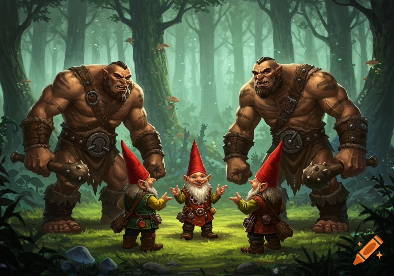 Three gnomes and two large, muscular brutes with clubs in a lush, green forest, in a fantasy art style.