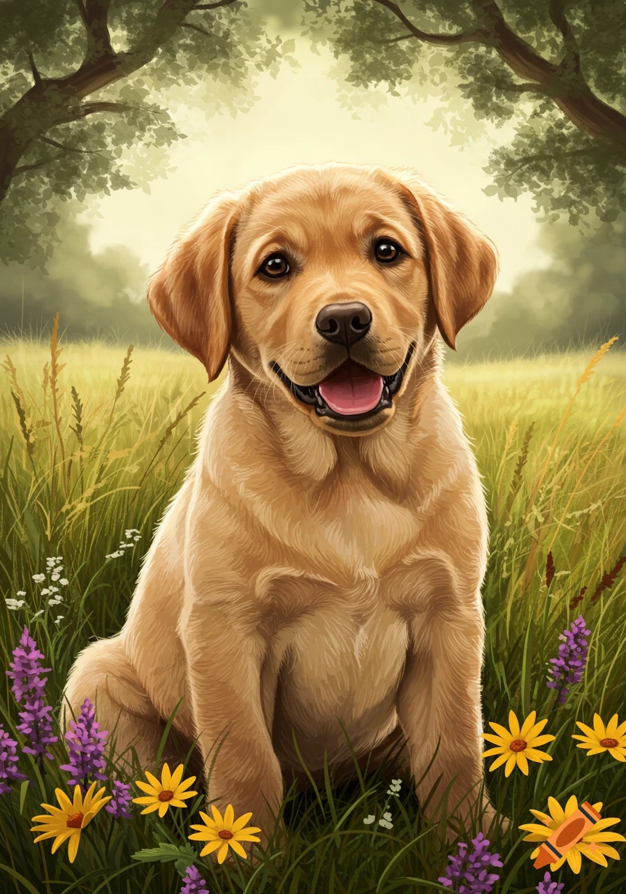 A happy golden Labrador Retriever puppy sits in a sunny field of green grass and colorful wildflowers.